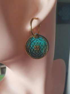 Chain set and Mandela earrings "Sri Yantra" bilateral in cosmic turquoise shade