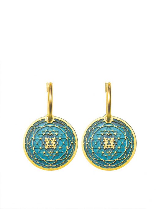 Mandela earrings "Sri Yantra" two-sided gilded - turquoise flower