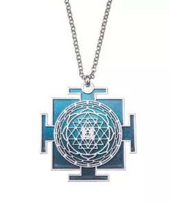 Mandela necklace "Sri Yantra" cosmic bilateral in a silvery cosmic turquoise shade