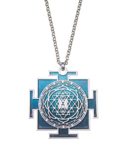 Mandela necklace "Sri Yantra" cosmic bilateral in a silvery cosmic turquoise shade