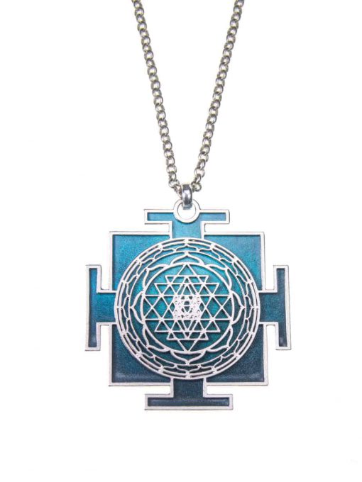 Mandela necklace "Sri Yantra" cosmic bilateral in a silvery cosmic turquoise shade