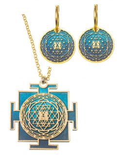 Chain set and Mandela earrings "Sri Yantra" bilateral in cosmic turquoise shade