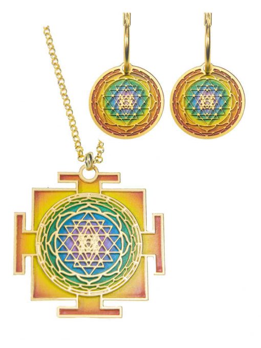 Chain set and Mandela earrings "Sri Yantra" illuminated bilaterally illuminated in the shades of the chakras