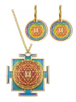 Chain set and Mandela earrings "Sri Yantra" bilateral in shades of chakras