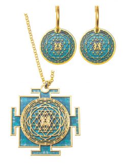Chain set and Mandela earrings "Sri Yantra" illuminated bilateral in turquoise shades